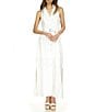 Color:White - Image 1 - Linen Blend Point Collar V-Neck Sleeveless Button Front Belted A-Line Maxi Dress