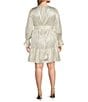 Color:Bone Silver - Image 2 - MICHAEL Michael Kors Plus Size Foiled Leopard Print Keyhole Neck Long Ruffle Cuffed Sleeve Tiered Belted Satin Shift Dress