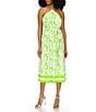 Color:Green Apple - Image 1 - Palm Print Stretch Matte Jersey Chain Halter Neck Sleeveless Tie Waist A-Line Midi Dress