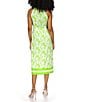 Color:Green Apple - Image 2 - Palm Print Stretch Matte Jersey Chain Halter Neck Sleeveless Tie Waist A-Line Midi Dress