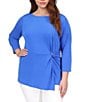 Color:Grecian Blue - Image 1 - Plus Size Stretch Ring Twist Embellished Crew Neck 3/4 Sleeve Top