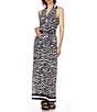 Color:Black/White - Image 1 - Printed Collared V-Neck Sleeveless Maxi Dress