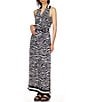 Color:Black/White - Image 4 - Printed Collared V-Neck Sleeveless Maxi Dress