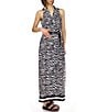 Color:Black/White - Image 6 - Printed Collared V-Neck Sleeveless Maxi Dress