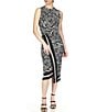 Color:Black/White - Image 1 - Printed Crew Neckline Sleeveless Midi Dress