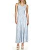 Color:Chambray - Image 1 - Printed Stretch Matte Jersey Scoop Neck Sleeveless Maxi Fit and Flare Dress