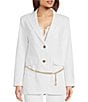 Color:White - Image 1 - Stretch Cotton Woven Peak Lapel Long Sleeve Chain Belted Button Front Blazer