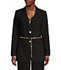 Color:Black - Image 1 - Stretch Cotton Woven Peak Lapel Long Sleeve Chain Belted Button Front Blazer