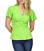Color:Green Apple - Image 1 - Stretch Matte Jersey V-Neck Short Flutter Sleeve Ruched Bodice Top