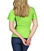 Color:Green Apple - Image 2 - Stretch Matte Jersey V-Neck Short Flutter Sleeve Ruched Bodice Top