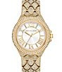 Color:Gold - Image 1 - Women's Camille Crystal Three-Hand Pave Gold-Tone Stainless Steel Quilted Bracelet Watch