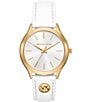 Color:White - Image 1 - Women's Gold Slim Runway Three Hand White Leather Strap Watch