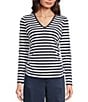 Color:Midnight Blue - Image 1 - MICHAEL Michael Kors Double Knit Ruched Stretch Stripe Print V-Neck Long Sleeve Top