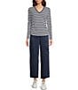Color:Midnight Blue - Image 3 - MICHAEL Michael Kors Double Knit Ruched Stretch Stripe Print V-Neck Long Sleeve Top