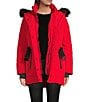 Michael Kors MICHAEL Michael Kors Faux Fur Strip Hooded Stand Collar Snap Front Active Jacket, Color:Red - Image 1