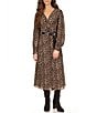 Color:Dark Camel - Image 1 - MICHAEL Michael Kors Kate Cheetah Print Pebble Crepe V-Neck Long Sleeve Belted A-Line Dress