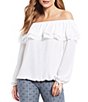 Color:White - Image 1 - MICHAEL Michael Kors Liquid Crepe Double Layered Ruffle Off-the-Shoulder Long Sleeve Top