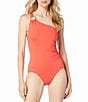 Color:Sea Coral - Image 1 - MICHAEL Michael Kors Logo Ring Underwire Tummy Control One Shoulder One Piece Swimsuit