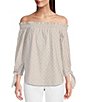 Color:Khaki - Image 1 - MICHAEL Michael Kors Metallic Clip Dot Poplin Smocked Off-the-Shoulder Tie Cuff 3/4 Sleeve Top