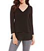 Color:Black - Image 1 - MICHAEL Michael Kors Mixed Woven Knit Layered Hem V-Neck 3/4 Sleeve Shirt