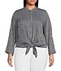 Color:Midnight Blue - Image 1 - MICHAEL Michael Kors Plus Size Halo Pinstripe Woven Banded Collar Long Flare Sleeve Front-Tie Hem Top