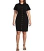 Color:Black - Image 1 - MICHAEL Michael Kors Plus Size Knit Collared Button Front Ruched Dress