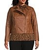 Color:Luggage - Image 4 - MICHAEL Michael Kors Plus Size Genuine Leather Long Sleeve Moto Jacket