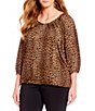 Color:Toffee - Image 1 - MICHAEL Michael Kors Plus Size Persian Leopard Print Wide V-Neck 3/4 Sleeve Knit Jersey Peasant Top