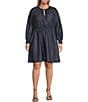 Color:Indigo Rinse - Image 1 - MICHAEL Michael Kors Plus Size Tencel Twill Crew Neck Long Sleeve Cut-Out A-Line Dress
