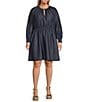 Color:Indigo Rinse - Image 1 - MICHAEL Michael Kors Plus Size Tencel Twill Crew Neck Long Sleeve Cut-Out A-Line Dress