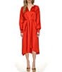 Color:Crimson - Image 1 - MICHAEL Michael Kors Satin Woven Surplice V-Neck Long Sleeve High-Low Faux Wrap Midi Dress