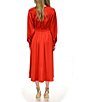 Color:Crimson - Image 2 - MICHAEL Michael Kors Satin Woven Surplice V-Neck Long Sleeve High-Low Faux Wrap Midi Dress