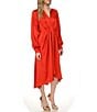 Color:Crimson - Image 3 - MICHAEL Michael Kors Satin Woven Surplice V-Neck Long Sleeve High-Low Faux Wrap Midi Dress