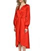 Color:Crimson - Image 4 - MICHAEL Michael Kors Satin Woven Surplice V-Neck Long Sleeve High-Low Faux Wrap Midi Dress