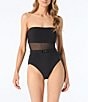 Color:Black - Image 1 - MICHAEL Michael Kors Strapless Mesh Inset Belted Bandeau One Piece Swimsuit