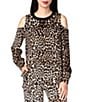 Color:Dark Camel - Image 1 - MICHAEL Michael Kors Stretch Velour Cheetah Print Crew Neck Long Cold Shoulder Sleeve Top