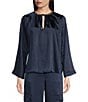 Color:Midnight Blue - Image 1 - MICHAEL Michael Kors Woven Crinkle Satin Chain Keyhole Neck Long Bell Sleeve Coordinating Top