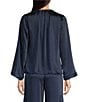 Color:Midnight Blue - Image 2 - MICHAEL Michael Kors Woven Crinkle Satin Chain Keyhole Neck Long Bell Sleeve Coordinating Top