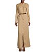 Color:Khaki - Image 3 - MICHAEL Michael Kors Woven Linen 3/4 Roll-Tab Sleeve Banded Collar Snap Front Side Slit Belted Maxi Shirt Dress