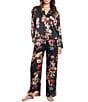 Midnight Bakery Bouquet Print Notch Collar Long Sleeve Satin Pant Pajama Set - Image 1
