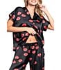 Midnight Bakery Red Lips Print Short Sleeve Notch Collar Satin Long Valentine's Day Pajama Set, Color:Black - Image 3