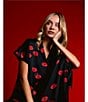 Midnight Bakery Red Lips Print Short Sleeve Notch Collar Satin Long Valentine's Day Pajama Set, Color:Black - Image 7