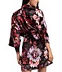 Color:Black - Image 2 - Satin Brushstroke Floral Print 3/4 Sleeve Coordinating Short Wrap Robe