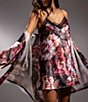 Color:Black - Image 3 - Satin Brushstroke Floral Print 3/4 Sleeve Coordinating Short Wrap Robe