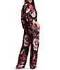 Color:Black - Image 2 - Satin Brushstroke Floral Print 3/4 Sleeve Notch Collar Full Length Pajama Set