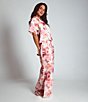 Color:Mauve - Image 4 - Satin Shadow Leaf Print Short Sleeve Notch Collar & Pant Pajama Set