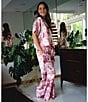 Color:Mauve - Image 6 - Satin Shadow Leaf Print Short Sleeve Notch Collar & Pant Pajama Set
