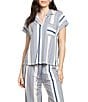Midnight Bakery Stripe Print Short Sleeve Notch Collar Woven Pajama Set, Color:Blue - Image 3
