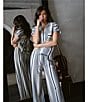 Midnight Bakery Stripe Print Short Sleeve Notch Collar Woven Pajama Set, Color:Blue - Image 4