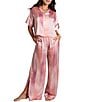 Color:Pink - Image 1 - Striped Short Sleeve Notch Collar Satin Shirt & Palazzo Pant Pajama Set